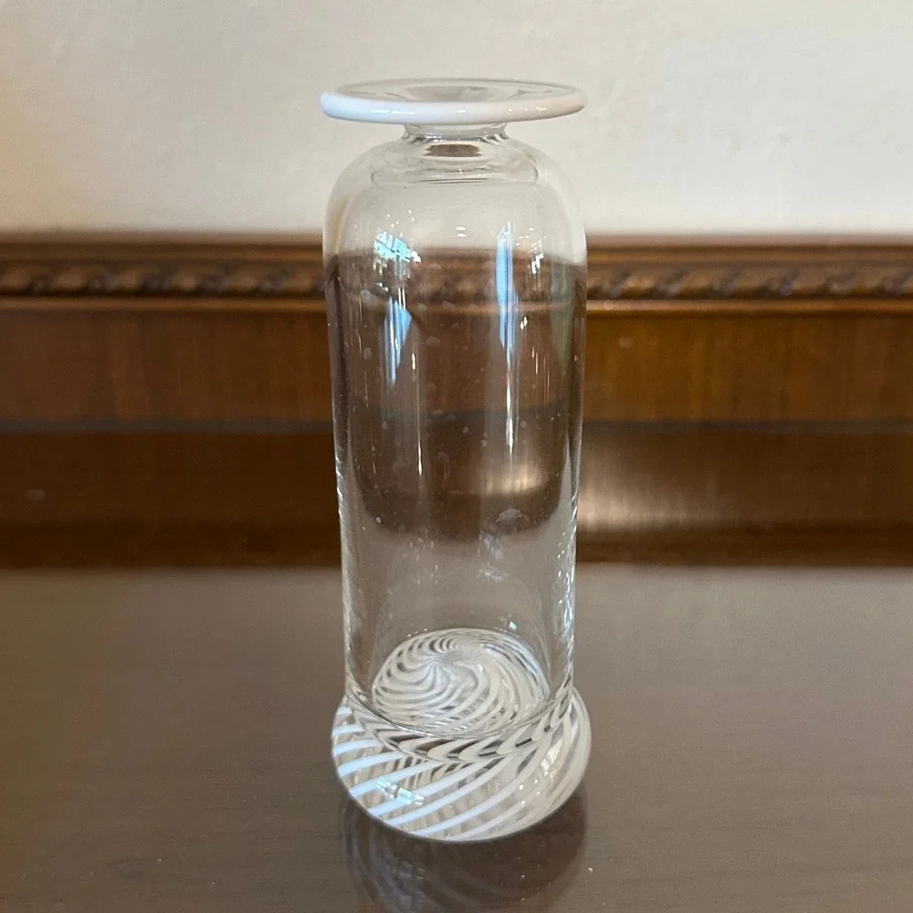 Hand Blown Glass Bud Vase Clear Latticino Swirl Base White Trim 5 Inch